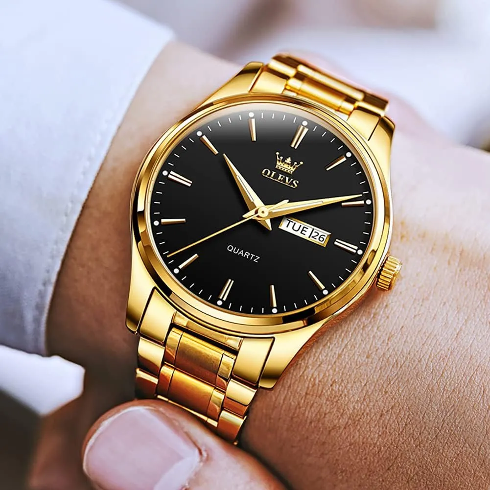 OLEVS Mens Gold Watches Analog Quartz Business Dress Watch Day Date Stainless Steel Classic Luxury Luminous Waterproof Casual Male Wrist Watches