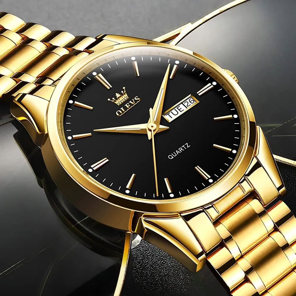OLEVS Mens Gold Watches Analog Quartz Business Dress Watch Day Date Stainless Steel Classic Luxury Luminous Waterproof Casual Male Wrist Watches