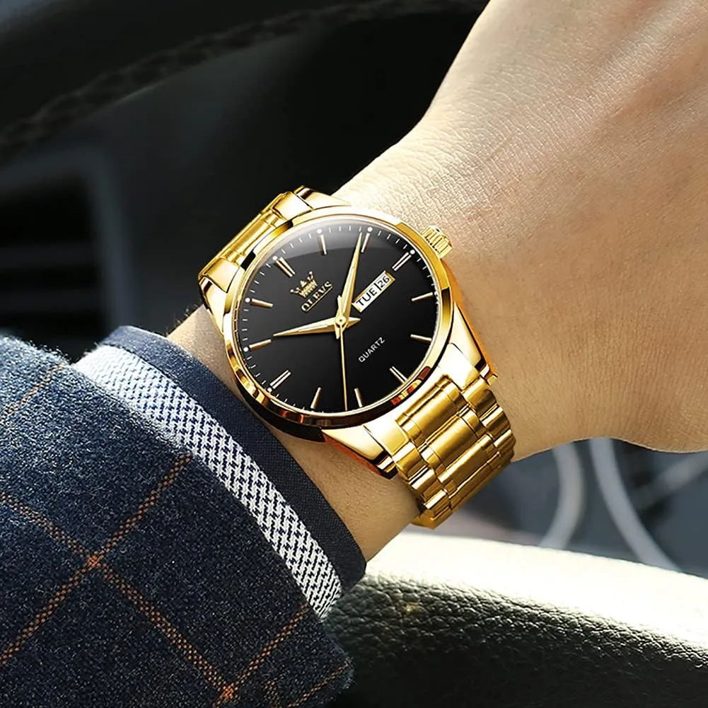 OLEVS Mens Gold Watches Analog Quartz Business Dress Watch Day Date Stainless Steel Classic Luxury Luminous Waterproof Casual Male Wrist Watches