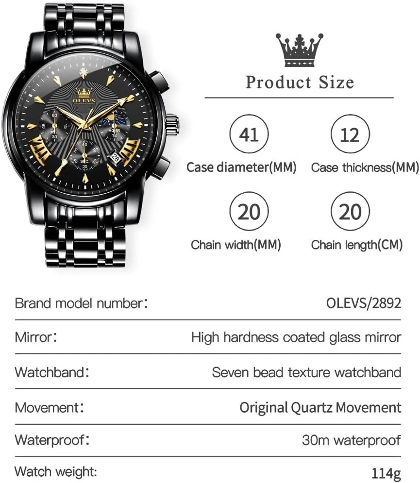OLEVS Men's Luxury Watch Waterproof Luminous Easy Read Chronograph Watches Full Gold/White Dail/Black Face with Calendar Wristwatch