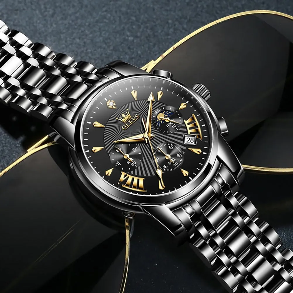 OLEVS Men's Luxury Watch Waterproof Luminous Easy Read Chronograph Watches Full Gold/White Dail/Black Face with Calendar Wristwatch