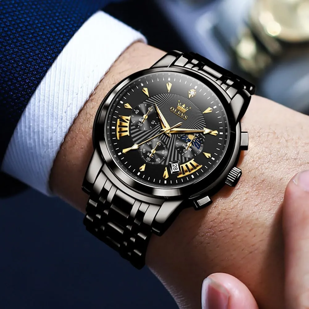 OLEVS Men's Luxury Watch Waterproof Luminous Easy Read Chronograph Watches Full Gold/White Dail/Black Face with Calendar Wristwatch