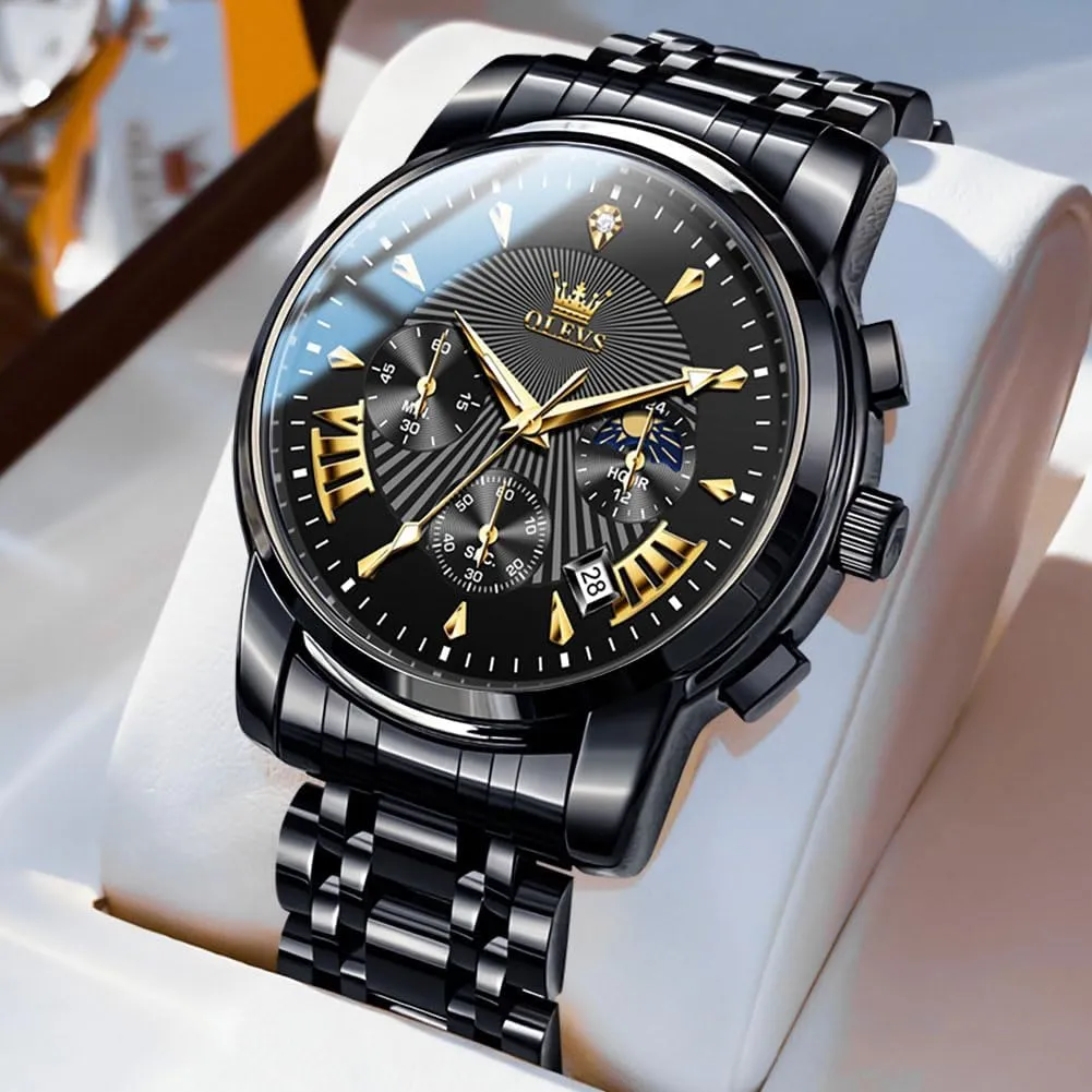 OLEVS Men's Luxury Watch Waterproof Luminous Easy Read Chronograph Watches Full Gold/White Dail/Black Face with Calendar Wristwatch