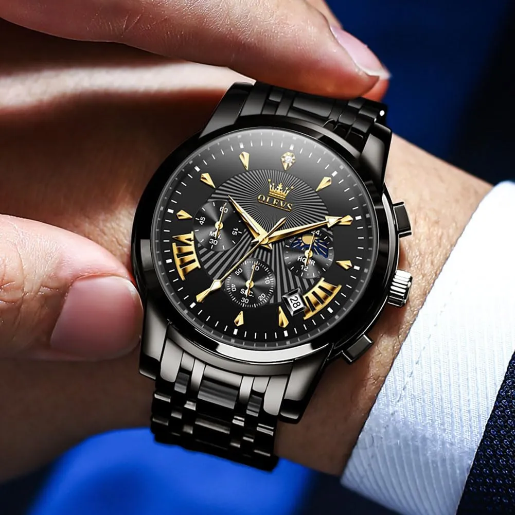 OLEVS Men's Luxury Watch Waterproof Luminous Easy Read Chronograph Watches Full Gold/White Dail/Black Face with Calendar Wristwatch