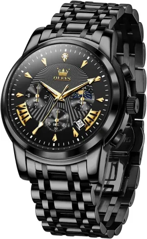 OLEVS Men's Luxury Watch Waterproof Luminous Easy Read Chronograph Watches Full Gold/White Dail/Black Face with Calendar Wristwatch