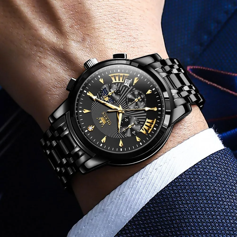 OLEVS Men's Luxury Watch Waterproof Luminous Easy Read Chronograph Watches Full Gold/White Dail/Black Face with Calendar Wristwatch