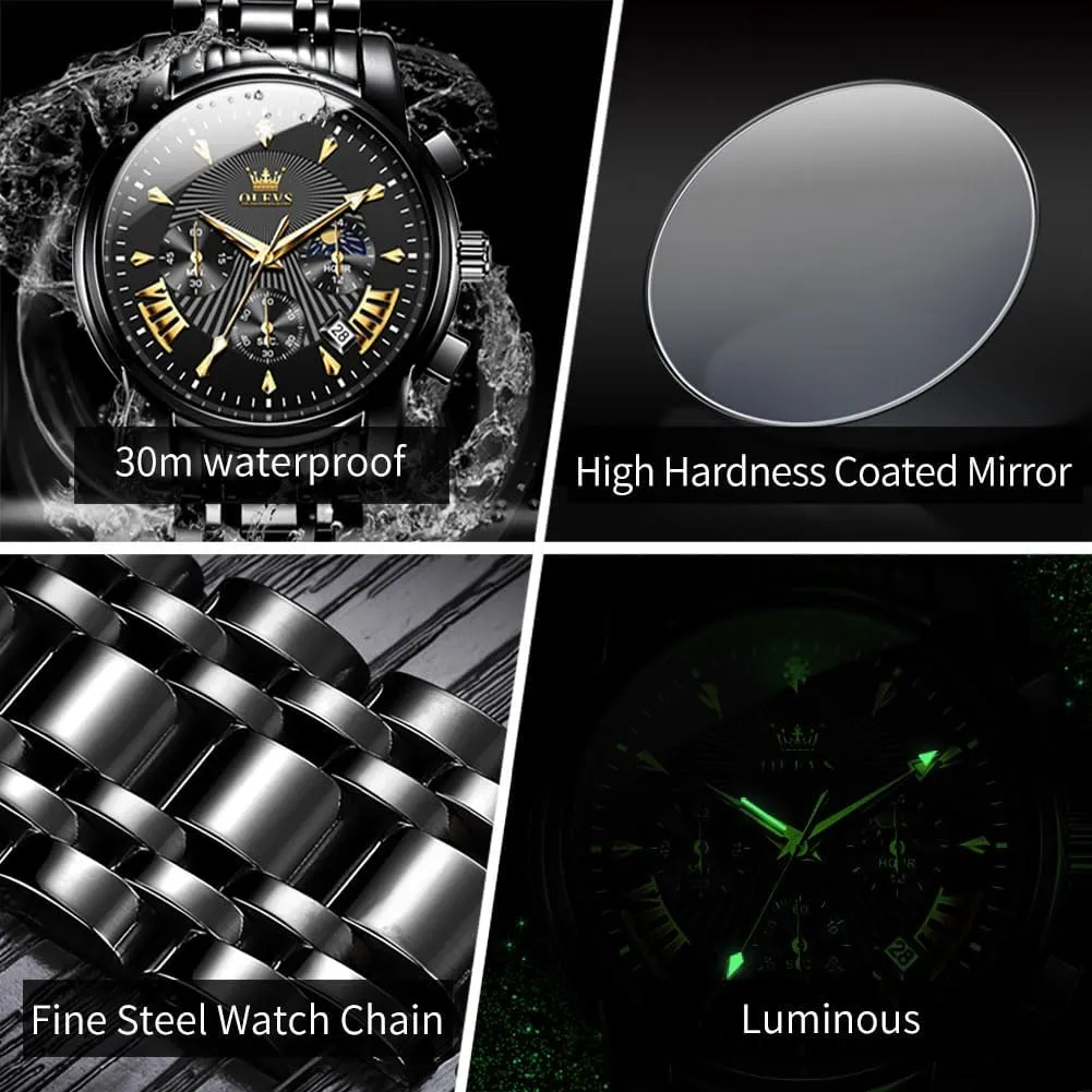OLEVS Men's Luxury Watch Waterproof Luminous Easy Read Chronograph Watches Full Gold/White Dail/Black Face with Calendar Wristwatch