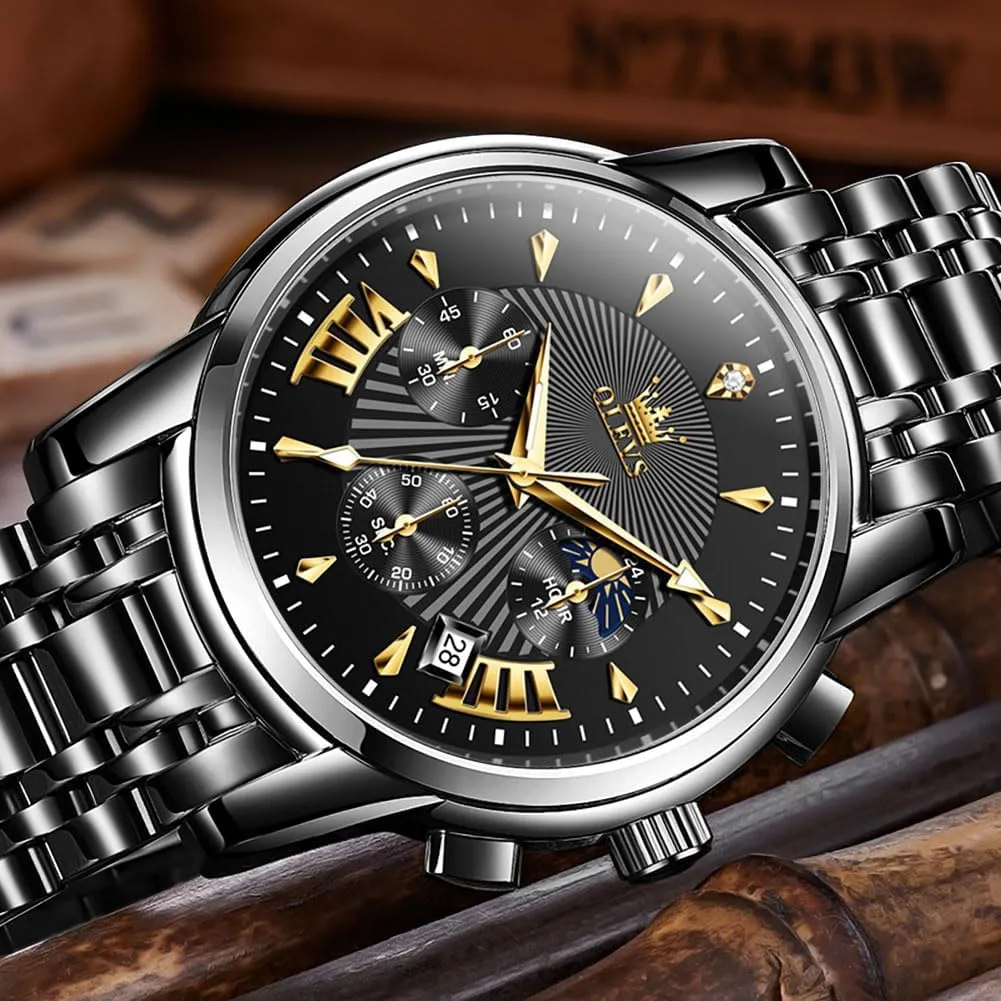 OLEVS Men's Luxury Watch Waterproof Luminous Easy Read Chronograph Watches Full Gold/White Dail/Black Face with Calendar Wristwatch