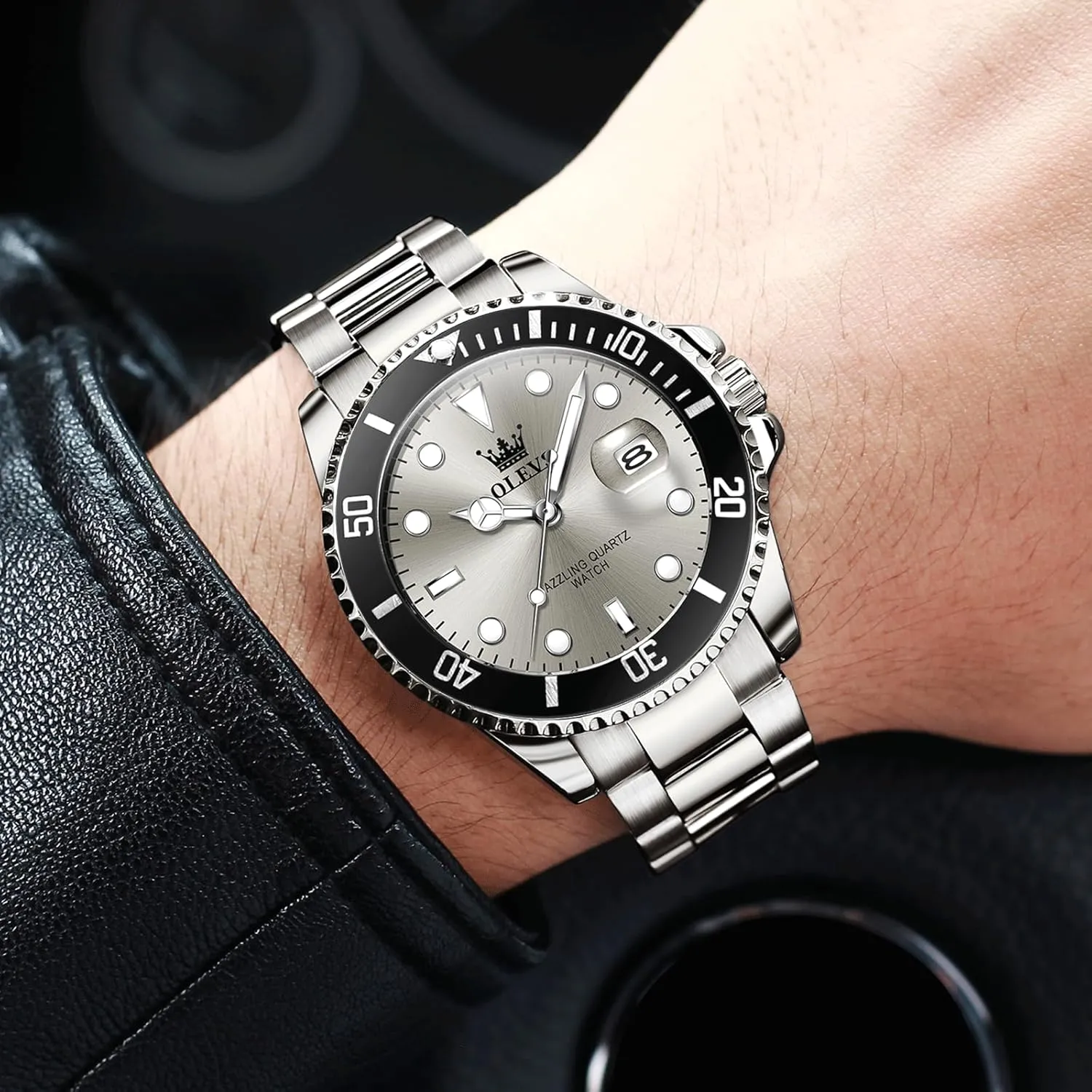 OLEVS Men's Stainless Steel Watch, Easy to Read Gold Silver Two Tone Analog Quartz Wristwatch, Luxury Rotating Bezel Magnified Date Waterproof Luminous Dress Watches for Men