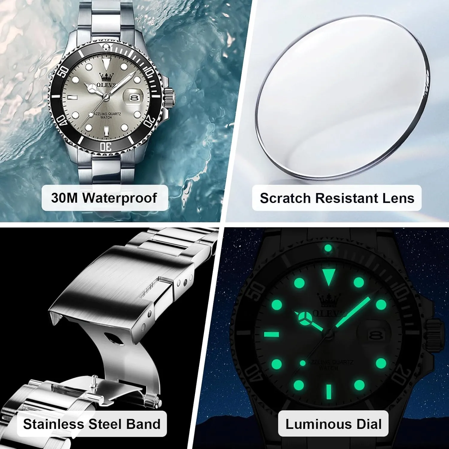 OLEVS Men's Stainless Steel Watch, Easy to Read Gold Silver Two Tone Analog Quartz Wristwatch, Luxury Rotating Bezel Magnified Date Waterproof Luminous Dress Watches for Men