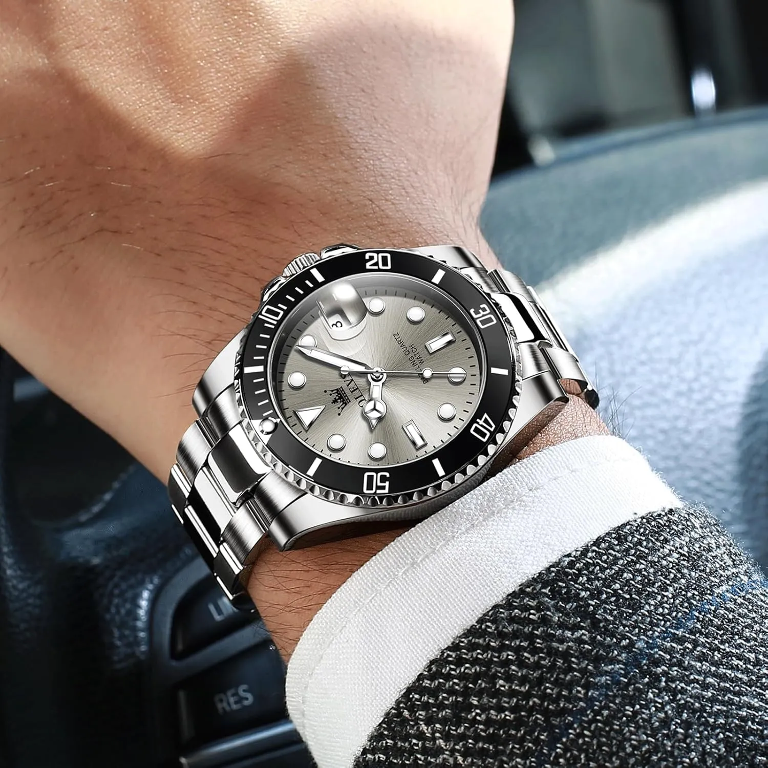 OLEVS Men's Stainless Steel Watch, Easy to Read Gold Silver Two Tone Analog Quartz Wristwatch, Luxury Rotating Bezel Magnified Date Waterproof Luminous Dress Watches for Men