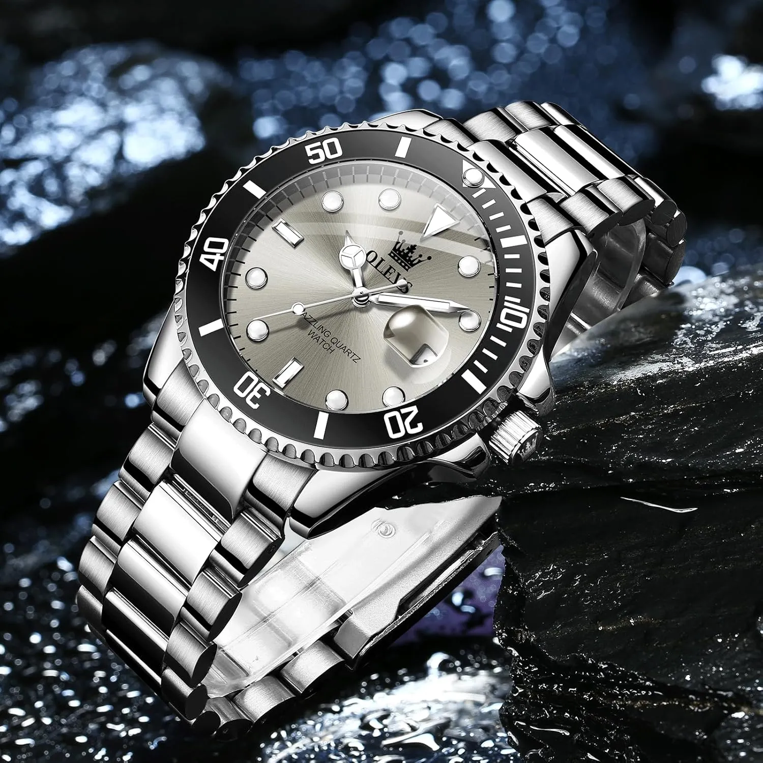 OLEVS Men's Stainless Steel Watch, Easy to Read Gold Silver Two Tone Analog Quartz Wristwatch, Luxury Rotating Bezel Magnified Date Waterproof Luminous Dress Watches for Men