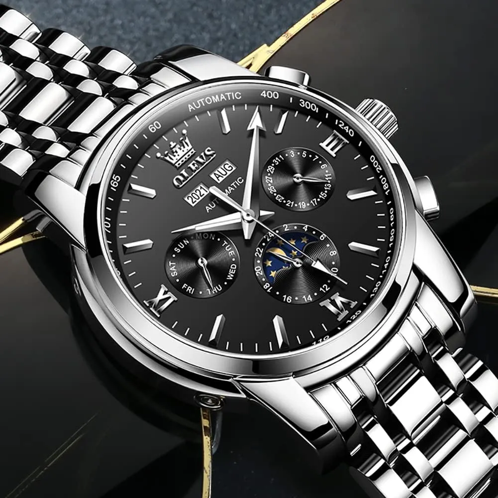 OLEVS Mens Watch Automatic Mechanical Tourbillon Self Winding Luxury Stainless Steel Waterproof Luminous Date Wrist Watch