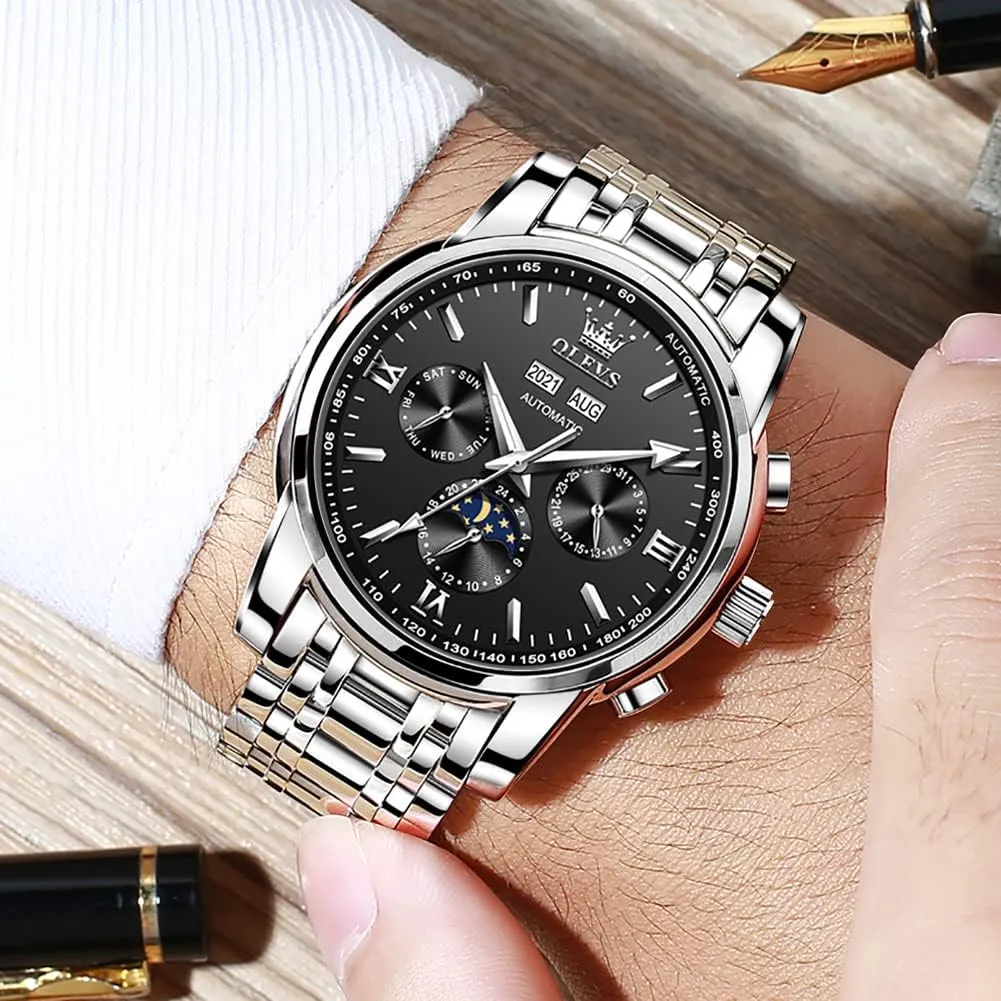 OLEVS Mens Watch Automatic Mechanical Tourbillon Self Winding Luxury Stainless Steel Waterproof Luminous Date Wrist Watch