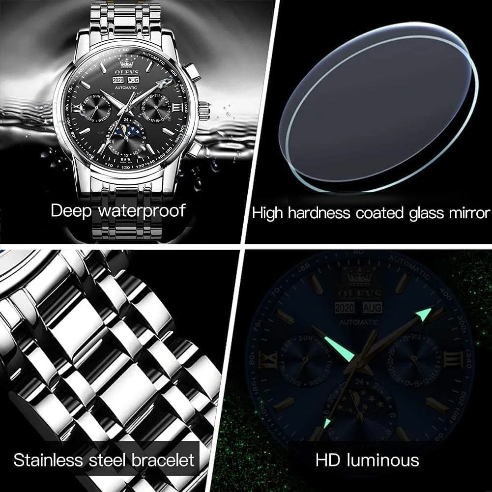 OLEVS Mens Watch Automatic Mechanical Tourbillon Self Winding Luxury Stainless Steel Waterproof Luminous Date Wrist Watch