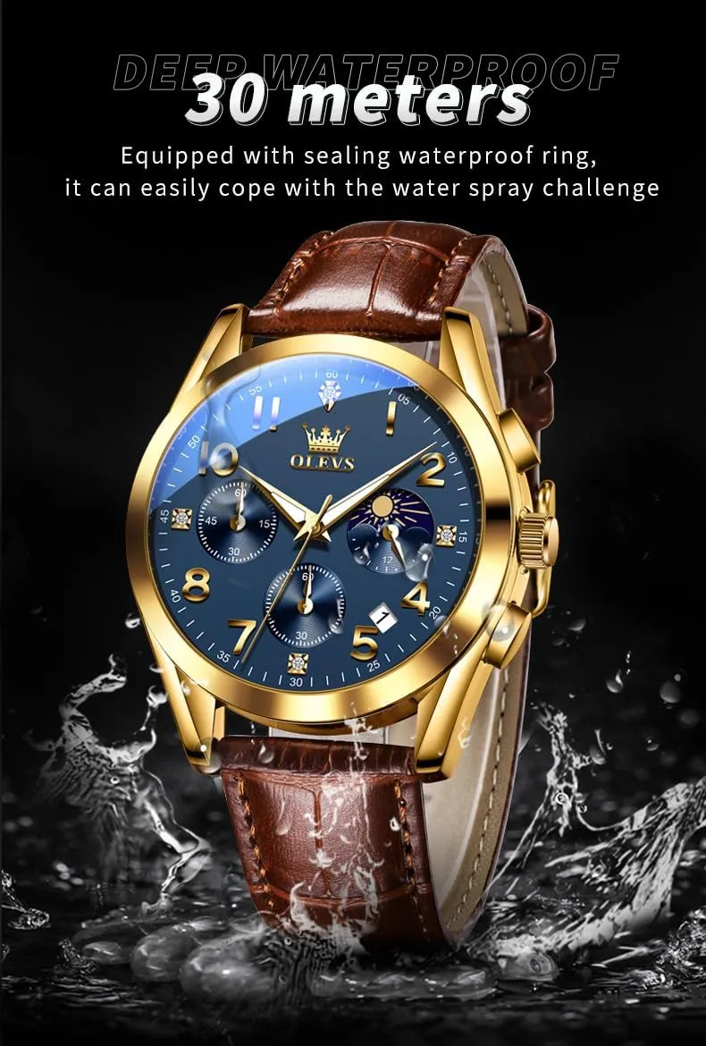 OLEVS Men's Watches Brown Leather with Date,Casual Watches for Men,Large Face Watches Men,Chronograph Mens Watch,Sport Waterproof Business Dress Analog Quartz Men's Wrist Watches Reloj De Hombre