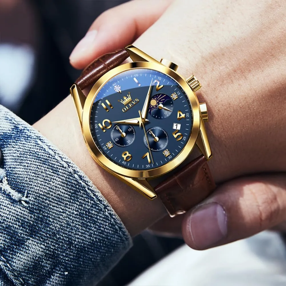 OLEVS Men's Watches Brown Leather with Date,Casual Watches for Men,Large Face Watches Men,Chronograph Mens Watch,Sport Waterproof Business Dress Analog Quartz Men's Wrist Watches Reloj De Hombre