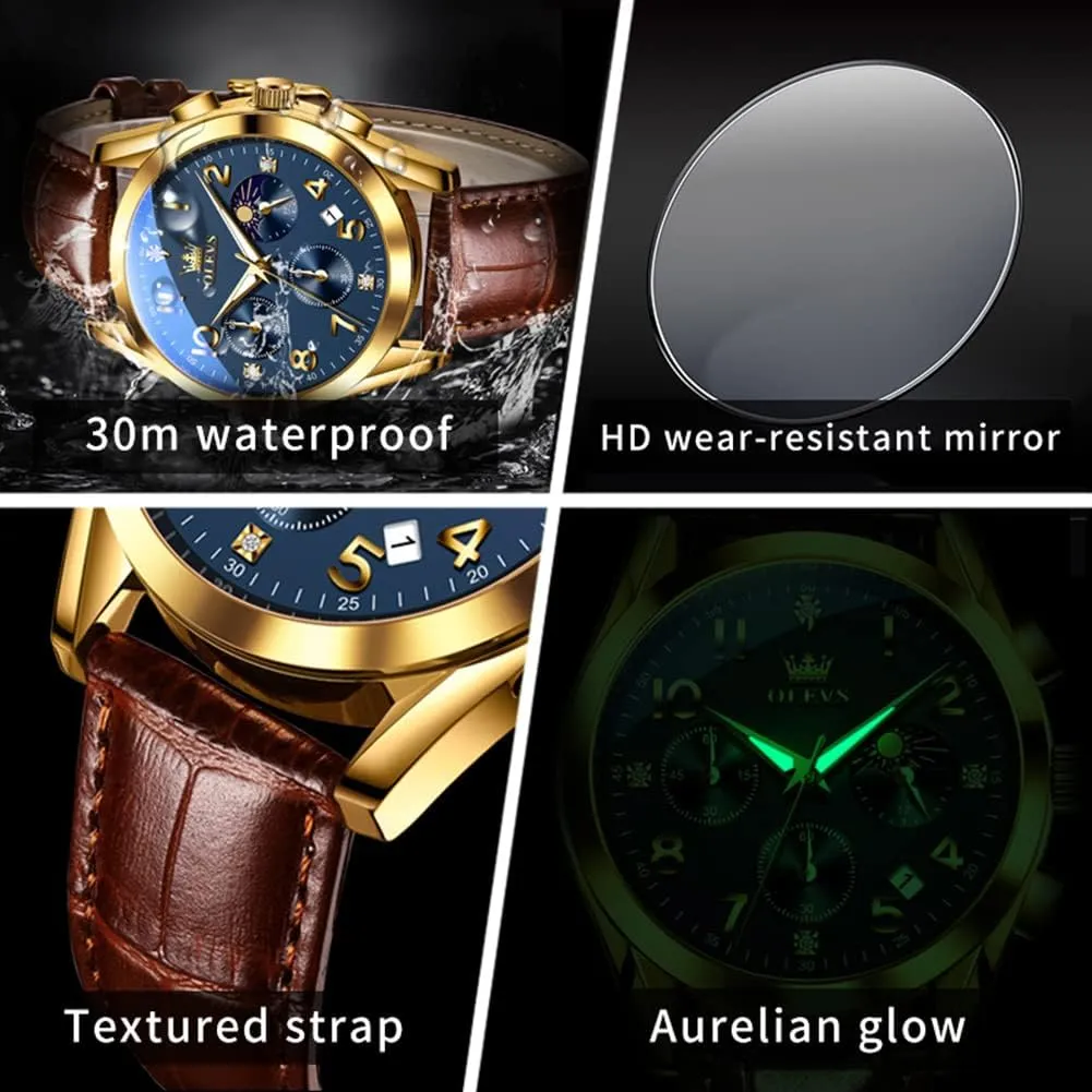OLEVS Men's Watches Brown Leather with Date,Casual Watches for Men,Large Face Watches Men,Chronograph Mens Watch,Sport Waterproof Business Dress Analog Quartz Men's Wrist Watches Reloj De Hombre