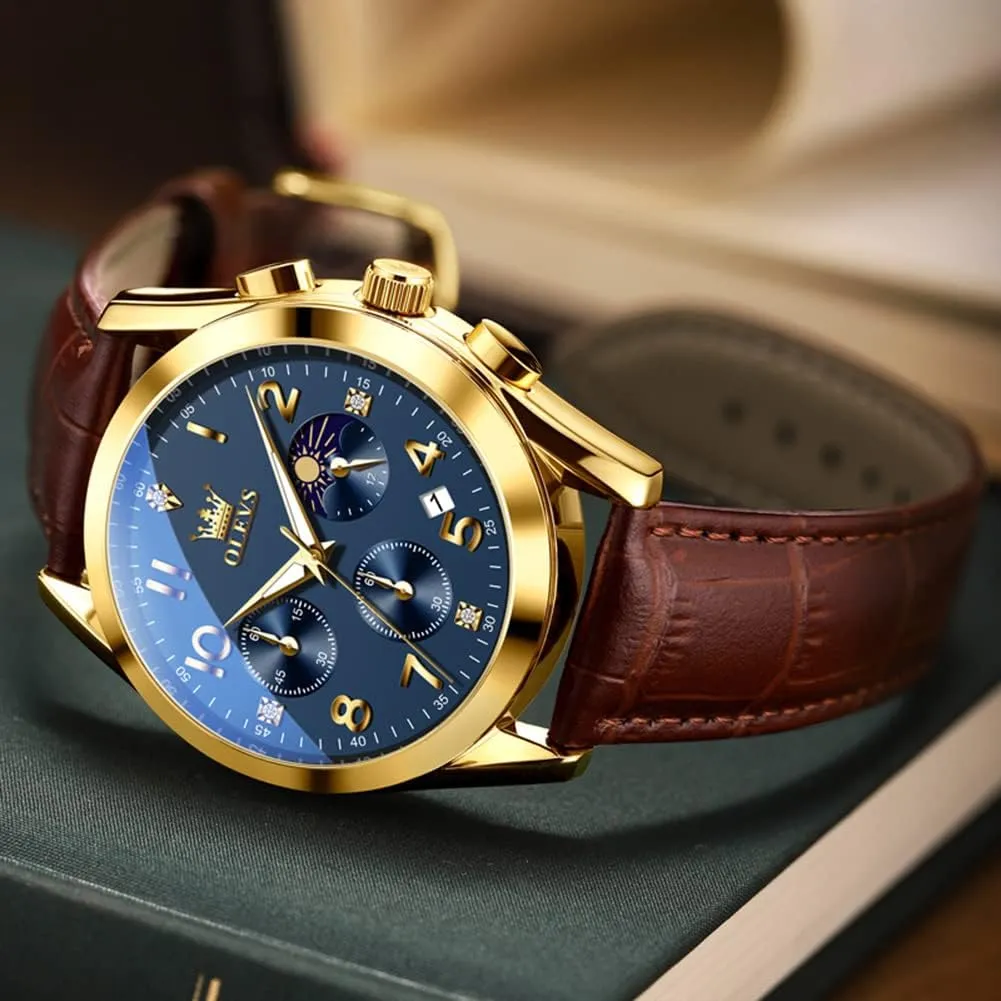 OLEVS Men's Watches Brown Leather with Date,Casual Watches for Men,Large Face Watches Men,Chronograph Mens Watch,Sport Waterproof Business Dress Analog Quartz Men's Wrist Watches Reloj De Hombre