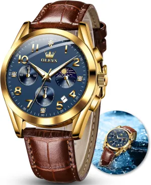 OLEVS Men's Watches Brown Leather with Date,Casual Watches for Men,Large Face Watches Men,Chronograph Mens Watch,Sport Waterproof Business Dress Analog Quartz Men's Wrist Watches Reloj De Hombre