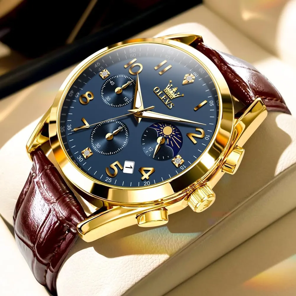 OLEVS Men's Watches Brown Leather with Date,Casual Watches for Men,Large Face Watches Men,Chronograph Mens Watch,Sport Waterproof Business Dress Analog Quartz Men's Wrist Watches Reloj De Hombre