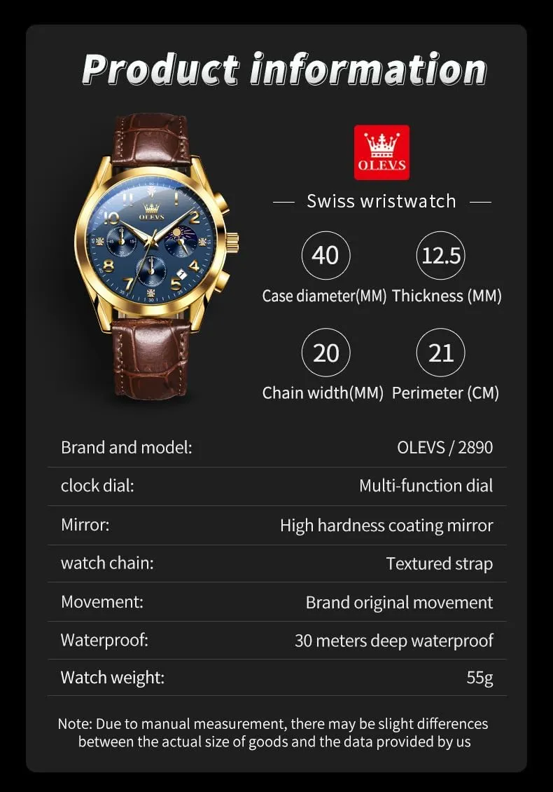 OLEVS Men's Watches Brown Leather with Date,Casual Watches for Men,Large Face Watches Men,Chronograph Mens Watch,Sport Waterproof Business Dress Analog Quartz Men's Wrist Watches Reloj De Hombre