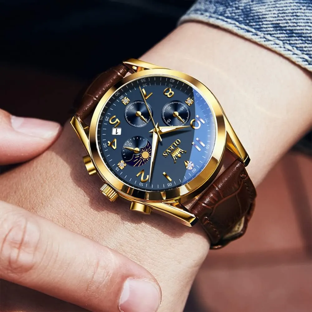 OLEVS Men's Watches Brown Leather with Date,Casual Watches for Men,Large Face Watches Men,Chronograph Mens Watch,Sport Waterproof Business Dress Analog Quartz Men's Wrist Watches Reloj De Hombre