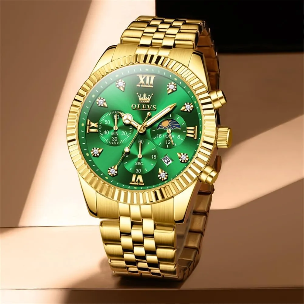 OLEVS Mens Watches Chronograph Luxury Dress Moon Phase Quartz Stainless Steel Waterproof Luminous Business Calendar Wrist Watch