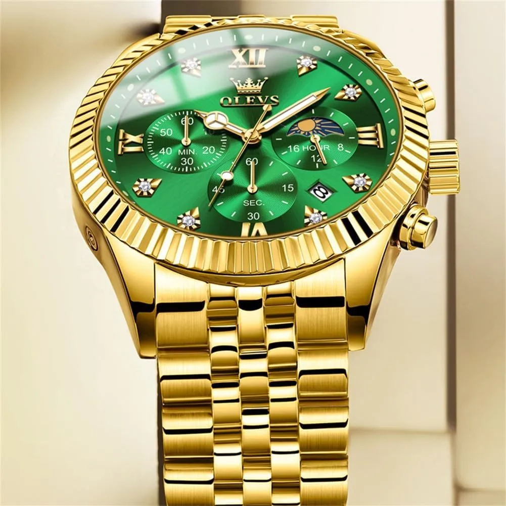 OLEVS Mens Watches Chronograph Luxury Dress Moon Phase Quartz Stainless Steel Waterproof Luminous Business Calendar Wrist Watch