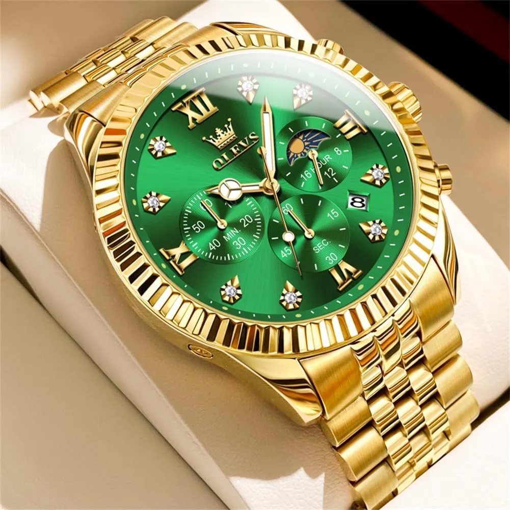 OLEVS Mens Watches Chronograph Luxury Dress Moon Phase Quartz Stainless Steel Waterproof Luminous Business Calendar Wrist Watch