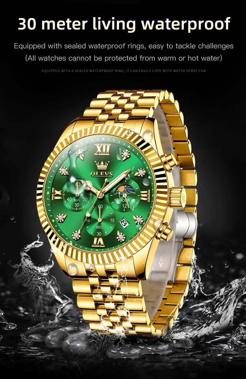 OLEVS Mens Watches Chronograph Luxury Dress Moon Phase Quartz Stainless Steel Waterproof Luminous Business Calendar Wrist Watch