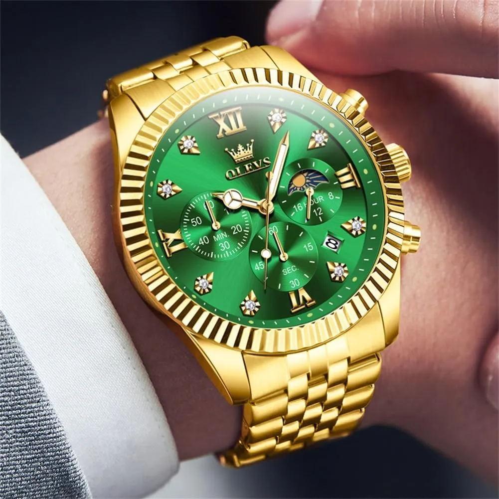 OLEVS Mens Watches Chronograph Luxury Dress Moon Phase Quartz Stainless Steel Waterproof Luminous Business Calendar Wrist Watch