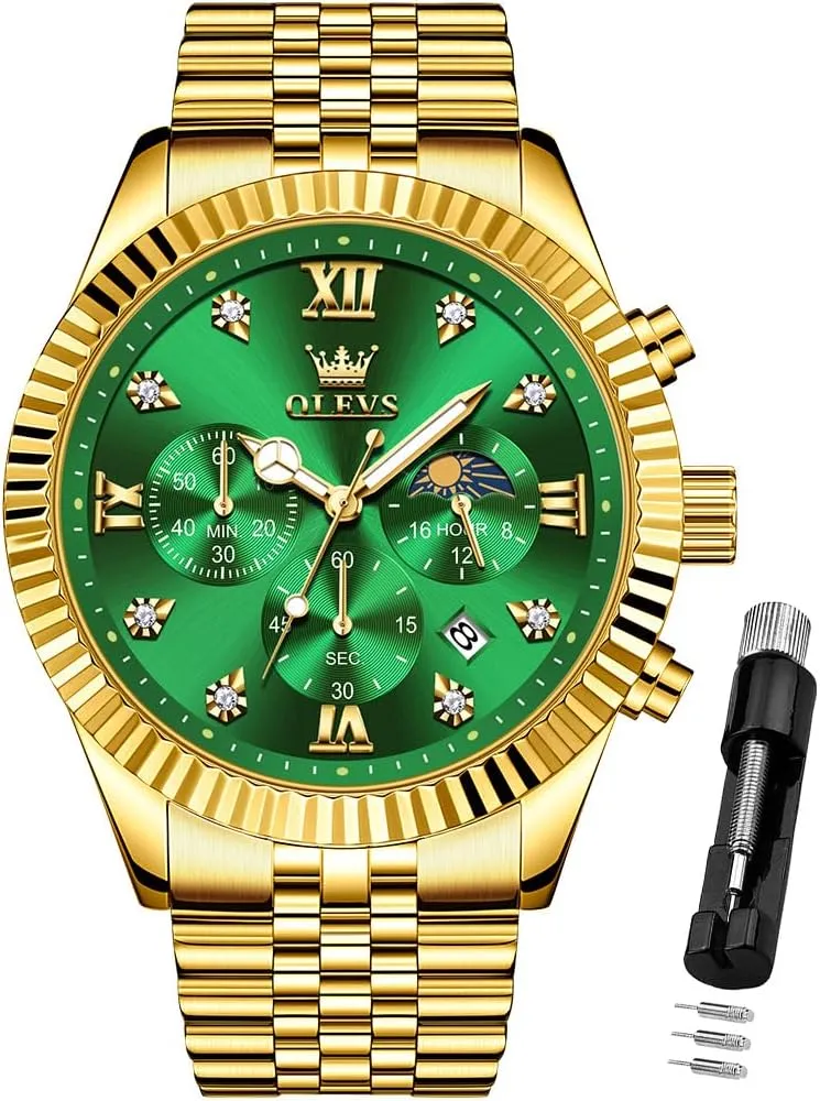 OLEVS Mens Watches Chronograph Luxury Dress Moon Phase Quartz Stainless Steel Waterproof Luminous Business Calendar Wrist Watch