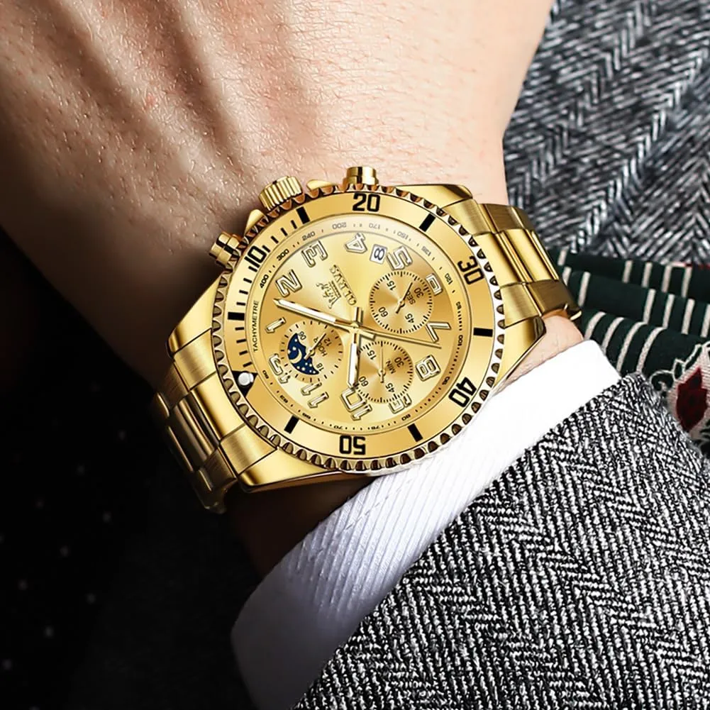 OLEVS Mens Watches Chronograph Luxury Dress Moon Phase Two Tone Stainless Steel Waterproof Luminous Business Calendar Wrist Watch