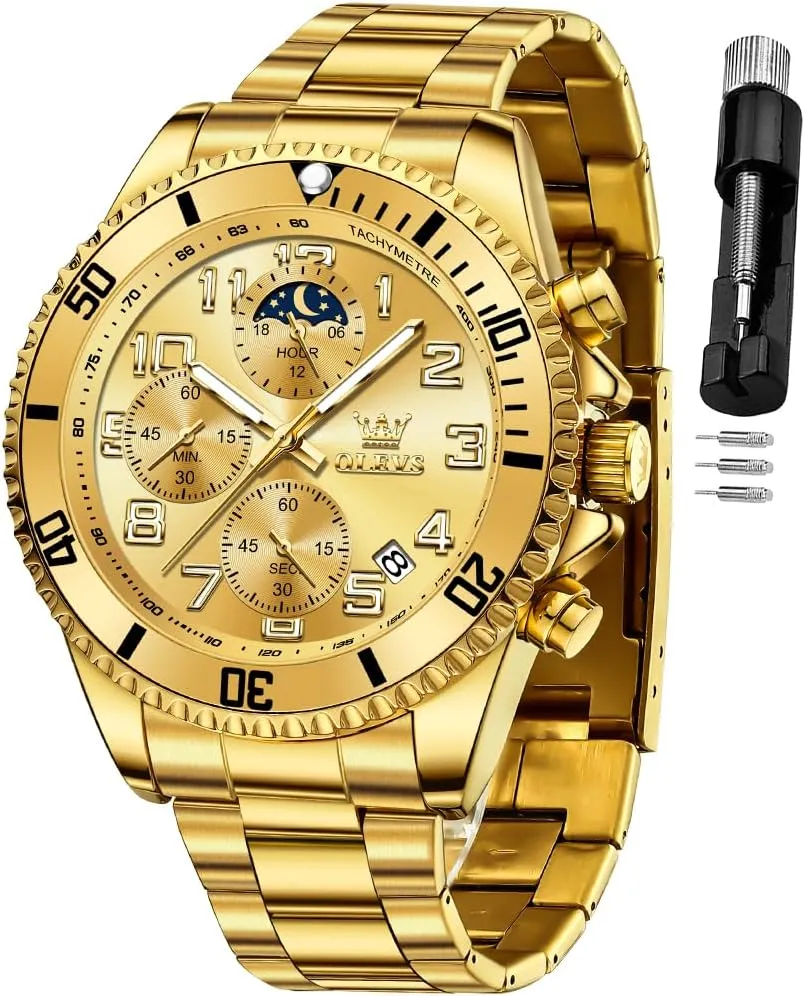 OLEVS Mens Watches Chronograph Luxury Dress Moon Phase Two Tone Stainless Steel Waterproof Luminous Business Calendar Wrist Watch