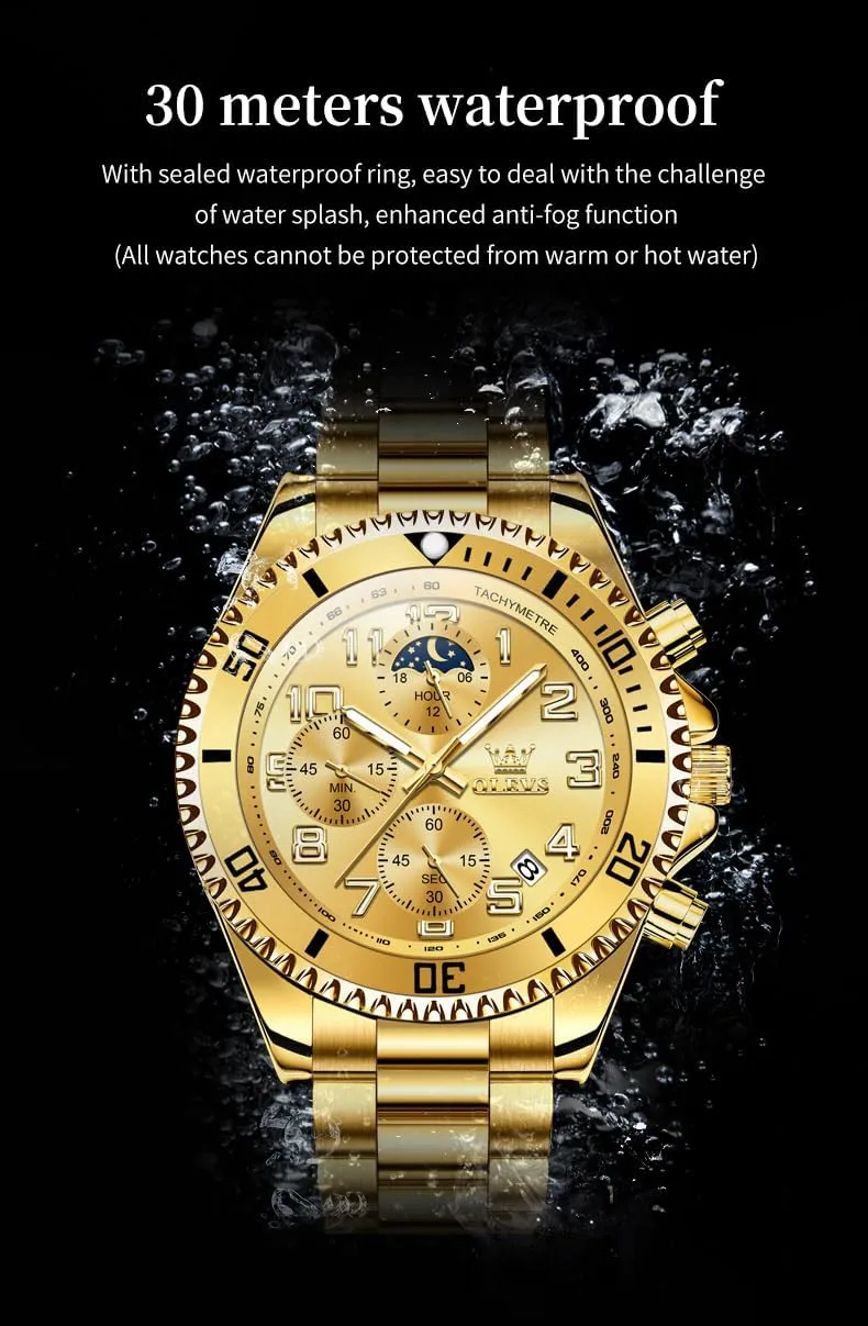 OLEVS Mens Watches Chronograph Luxury Dress Moon Phase Two Tone Stainless Steel Waterproof Luminous Business Calendar Wrist Watch