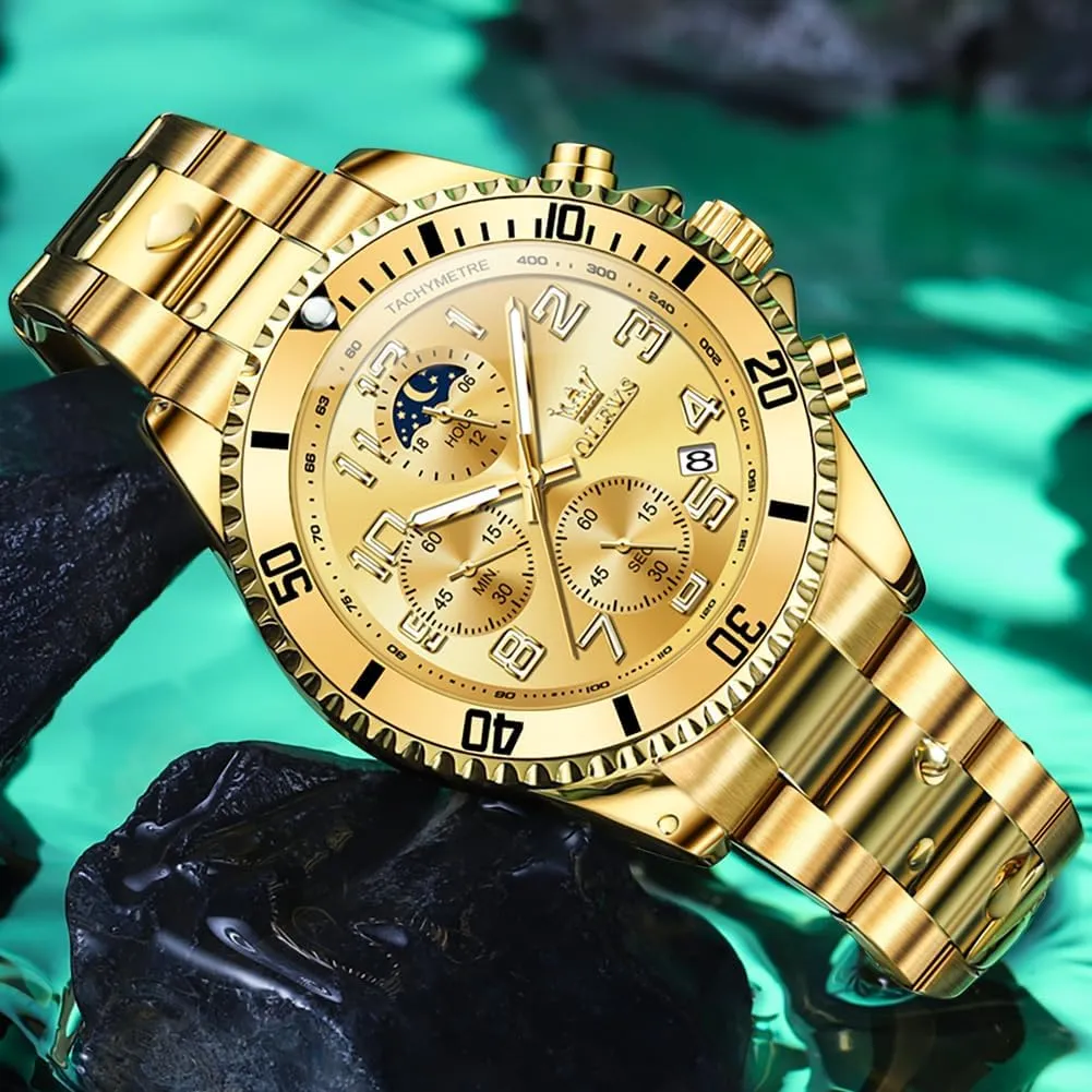OLEVS Mens Watches Chronograph Luxury Dress Moon Phase Two Tone Stainless Steel Waterproof Luminous Business Calendar Wrist Watch