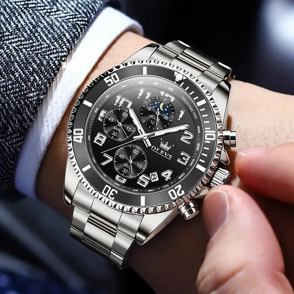 OLEVS Mens Watches Chronograph Luxury Dress Moon Phase Two Tone Stainless Steel Waterproof Luminous Business Calendar Wrist Watch