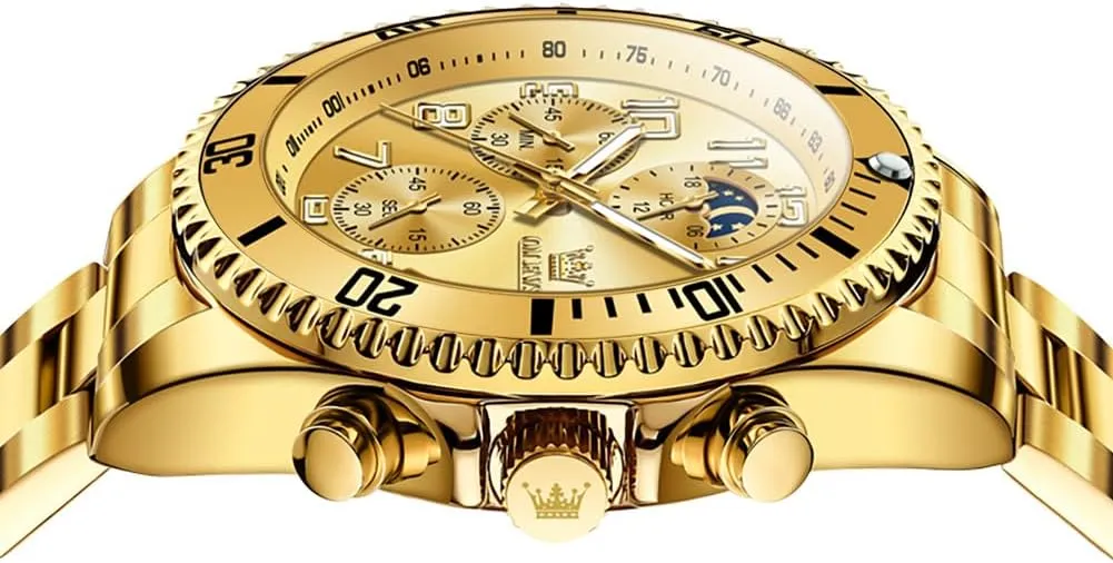 OLEVS Mens Watches Chronograph Luxury Dress Moon Phase Two Tone Stainless Steel Waterproof Luminous Business Calendar Wrist Watch