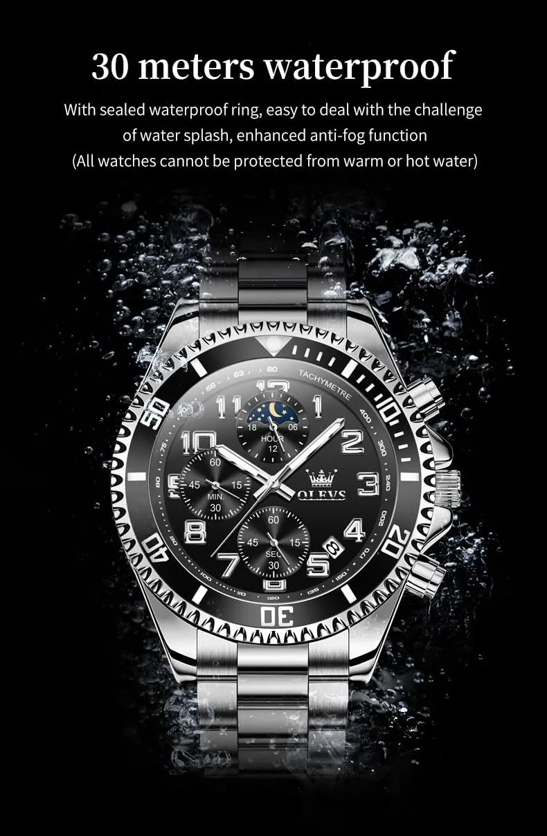 OLEVS Mens Watches Chronograph Luxury Dress Moon Phase Two Tone Stainless Steel Waterproof Luminous Business Calendar Wrist Watch