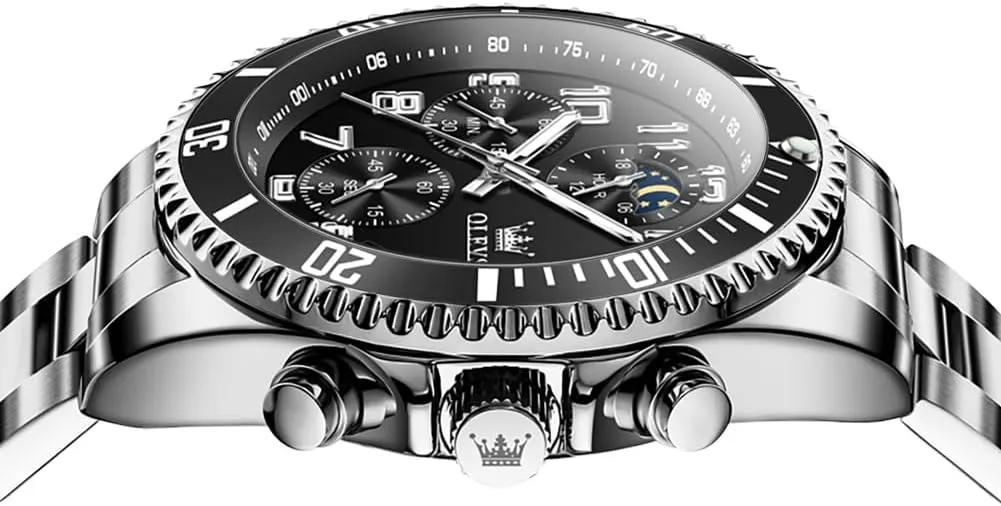 OLEVS Mens Watches Chronograph Luxury Dress Moon Phase Two Tone Stainless Steel Waterproof Luminous Business Calendar Wrist Watch