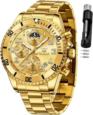 OLEVS Mens Watches Chronograph Luxury Dress Moon Phase Two Tone Stainless Steel Waterproof Luminous Business Calendar Wrist Watch