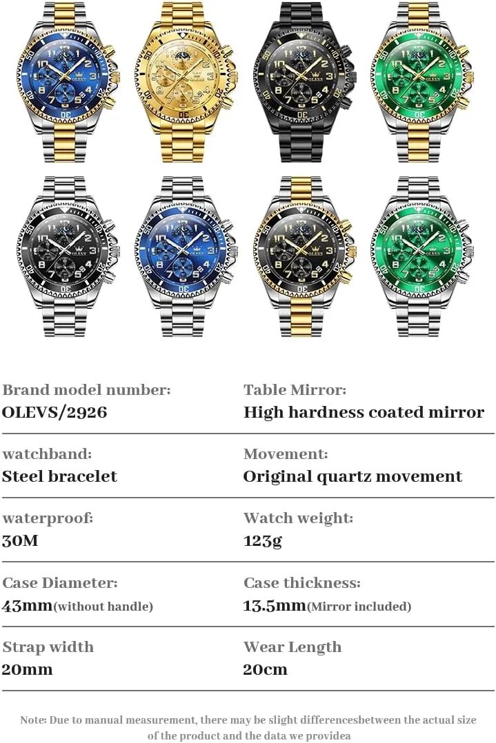 OLEVS Mens Watches Chronograph Luxury Dress Moon Phase Two Tone Stainless Steel Waterproof Luminous Business Calendar Wrist Watch