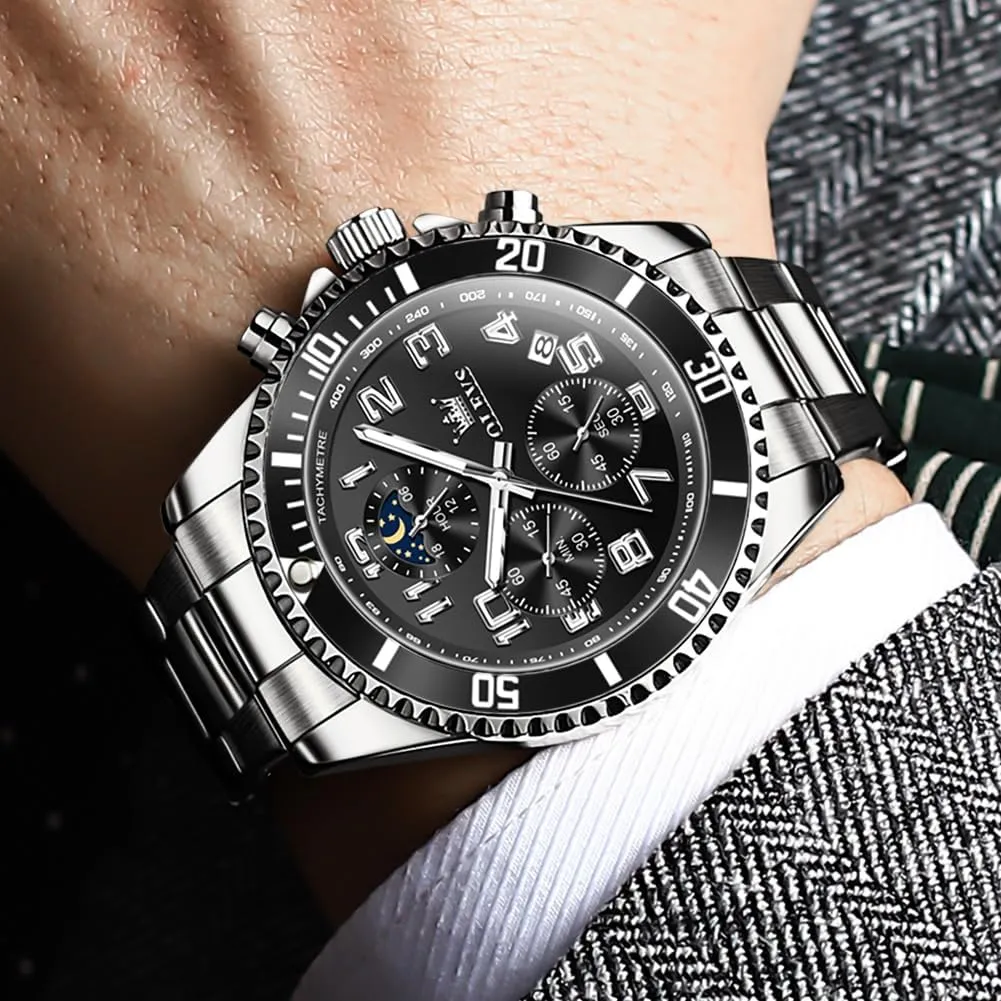 OLEVS Mens Watches Chronograph Luxury Dress Moon Phase Two Tone Stainless Steel Waterproof Luminous Business Calendar Wrist Watch