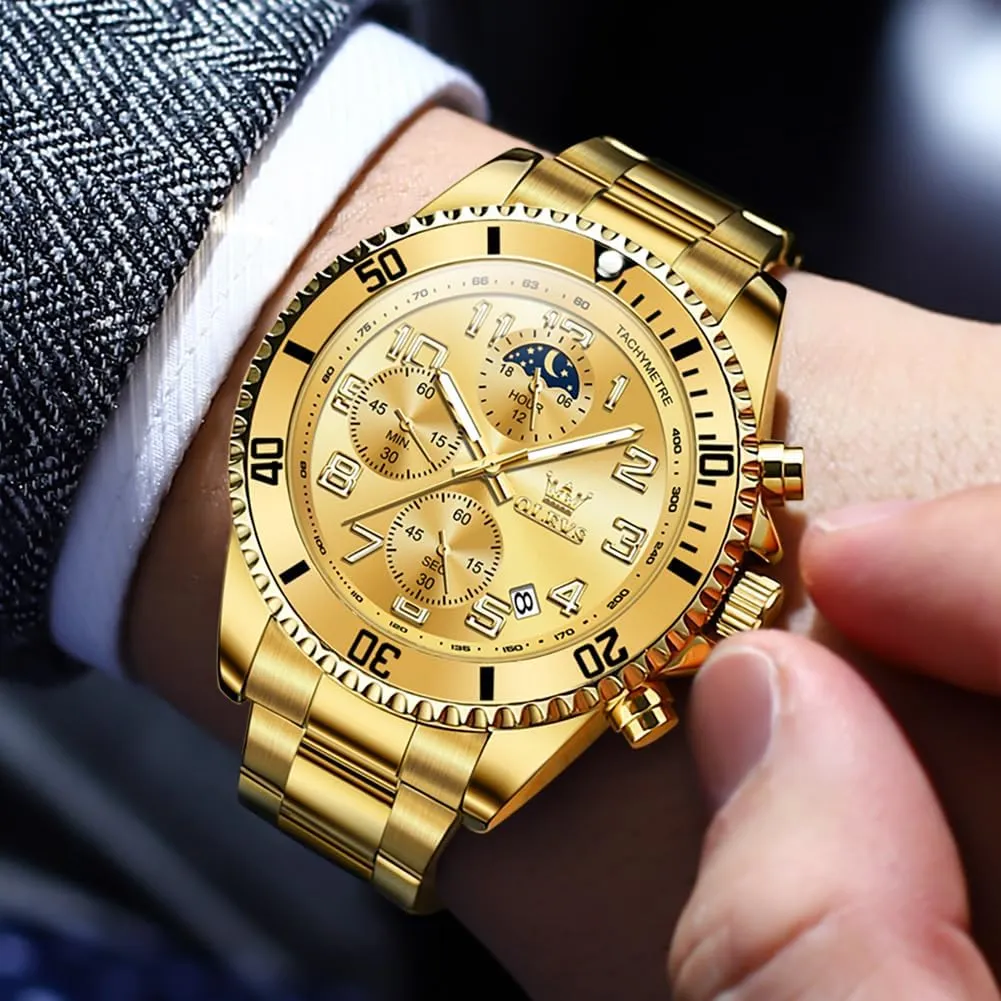 OLEVS Mens Watches Chronograph Luxury Dress Moon Phase Two Tone Stainless Steel Waterproof Luminous Business Calendar Wrist Watch