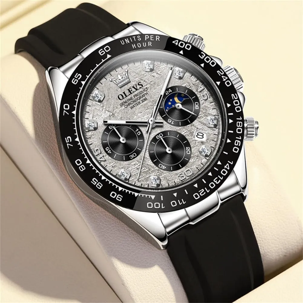 OLEVS Men's Watches Chronograph Multifunction Sport Silicone Luxury Diamond Moon Phase Quartz Male Watch Waterproof Wrist Watch …