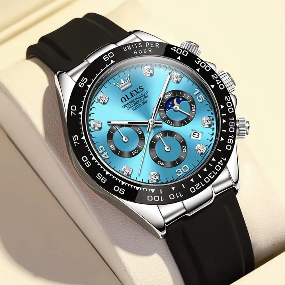 OLEVS Men's Watches Chronograph Multifunction Sport Silicone Luxury Diamond Moon Phase Quartz Male Watch Waterproof Wrist Watch …