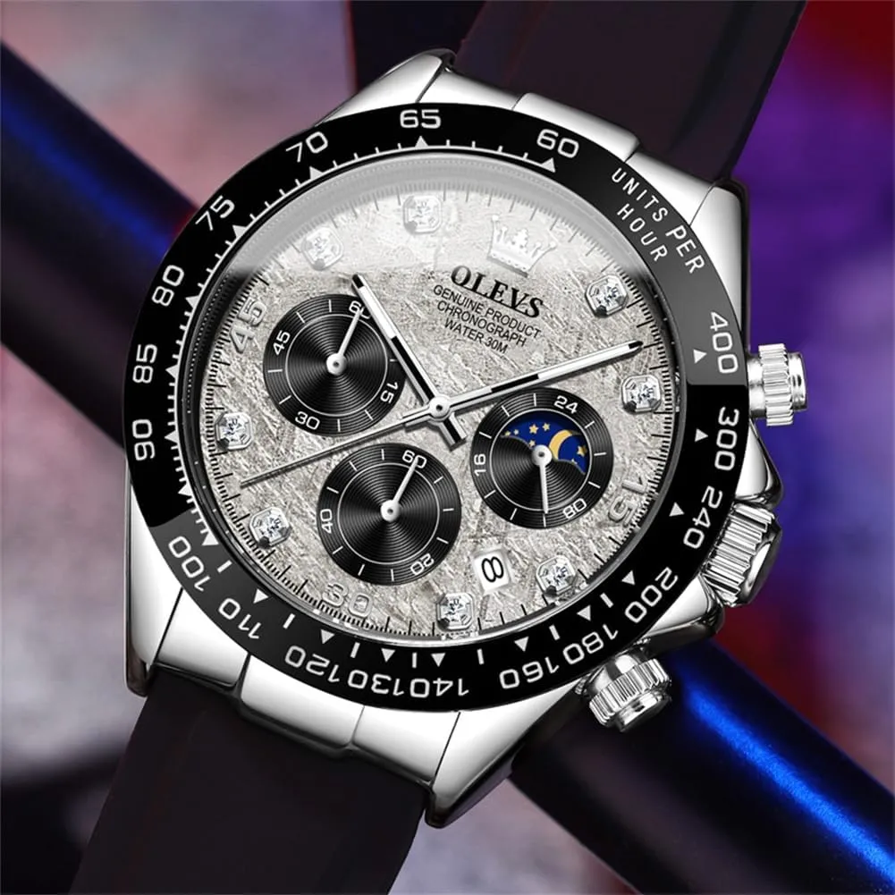 OLEVS Men's Watches Chronograph Multifunction Sport Silicone Luxury Diamond Moon Phase Quartz Male Watch Waterproof Wrist Watch …