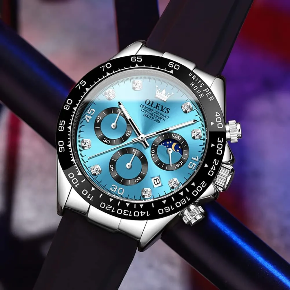 OLEVS Men's Watches Chronograph Multifunction Sport Silicone Luxury Diamond Moon Phase Quartz Male Watch Waterproof Wrist Watch …