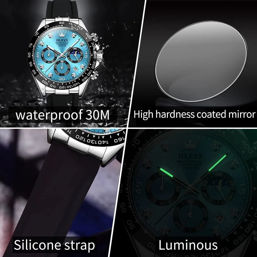 OLEVS Men's Watches Chronograph Multifunction Sport Silicone Luxury Diamond Moon Phase Quartz Male Watch Waterproof Wrist Watch …